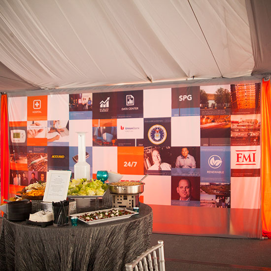 Catering Station and Branded Wall Backdrop for CSI 25th Anniversary Party in Los Angeles