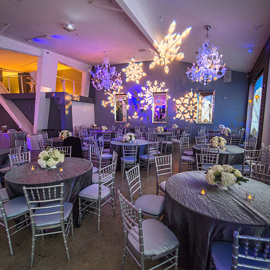 Table Decor Setup and AV Production with Patterned GOBO Lighting at Ziffren Law Holiday Party in Los Angeles