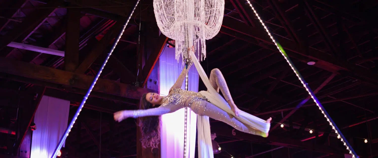 Aerial Silk Performance with Chandelier and Custom Lighting Solutions