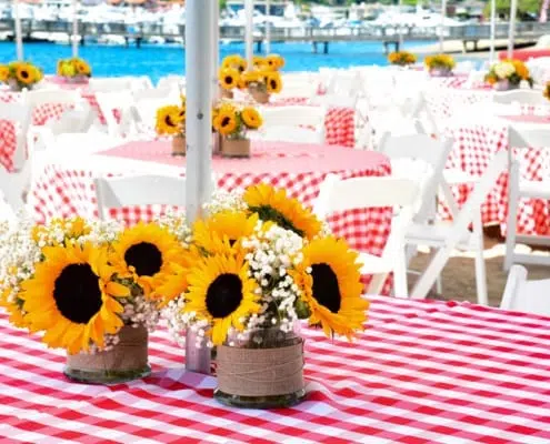 Summer Picnic at the Beach Sunflower Centerpieces Checkered Umbrella Tables