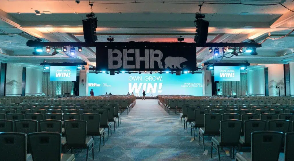 Stage with Branded Signage, Lighting, and LED Screens for Conference During BEHR's 2026 North American Sales Kickoff in Las Vegas