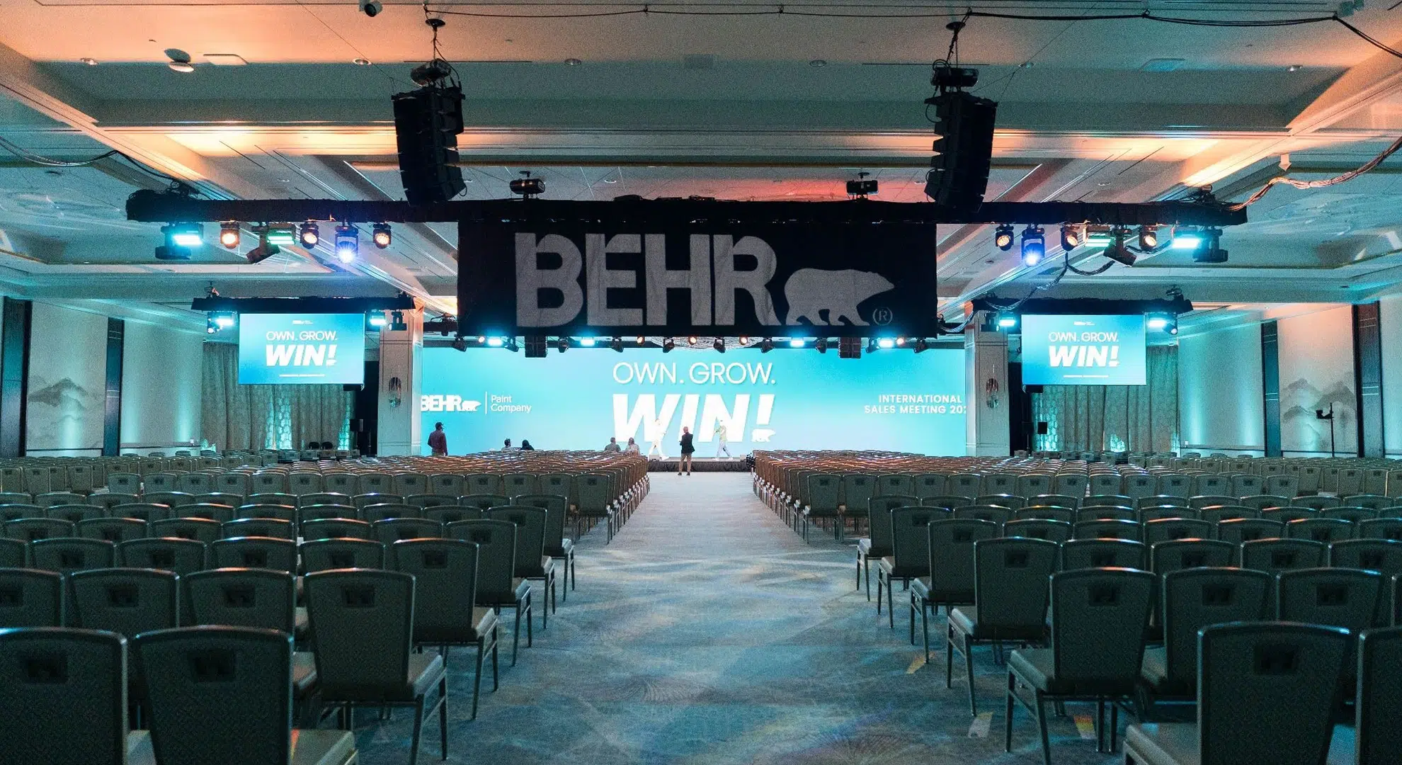 Stage with Branded Signage, Lighting, and LED Screens for Conference During BEHR's 2026 North American Sales Kickoff in Las Vegas